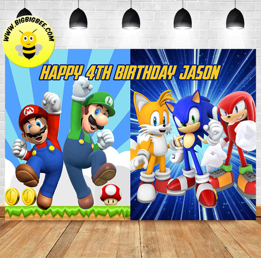 Custom Sega Sonic Super Mario Birthday Backdrop