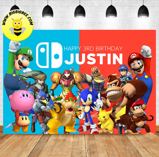 Custom Nintendo Switch Gaming Console Theme Birthday Backdrop Banner Deliver to USA UK Australia Canada