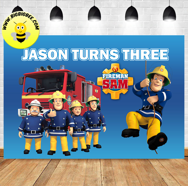 Custom Fireman Sam Fire Truck Theme Birthday Backdrop Banner Deliver to USA UK Australia Canada