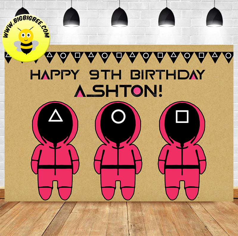 Custom Squid Game Pink Soldier Birthday Backdrop Banner. Ship to USA, Canada, Australia, UK