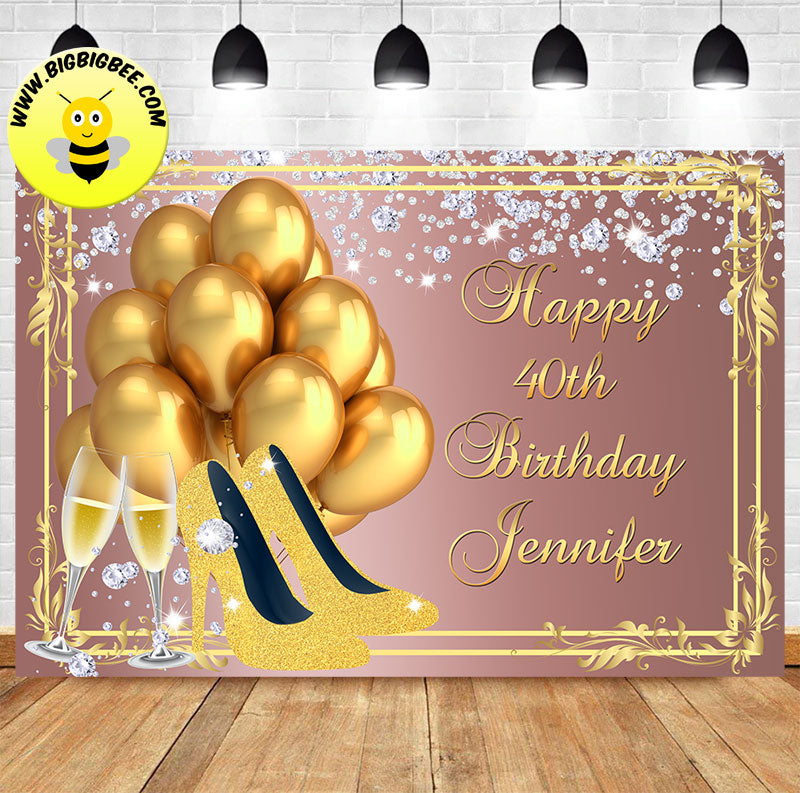 Custom Sparkly Gold High Heels Fabulous 40 50 60 Theme Birthday Banner Backdrop