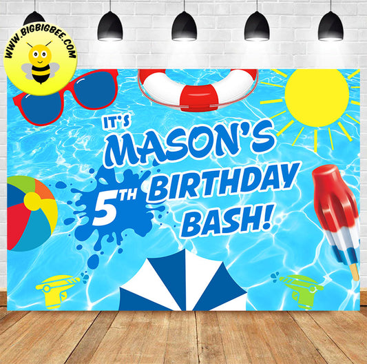 Custom Splish Splash Swimming Pool Summer Theme Birthday Backdrop  Banner