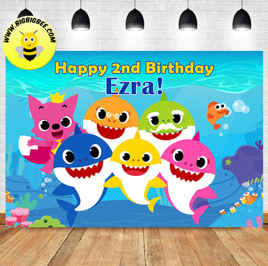 Custom Pinkfong Baby Shark Doo Doo Doo Blue Theme Birthday Backdrop Banner