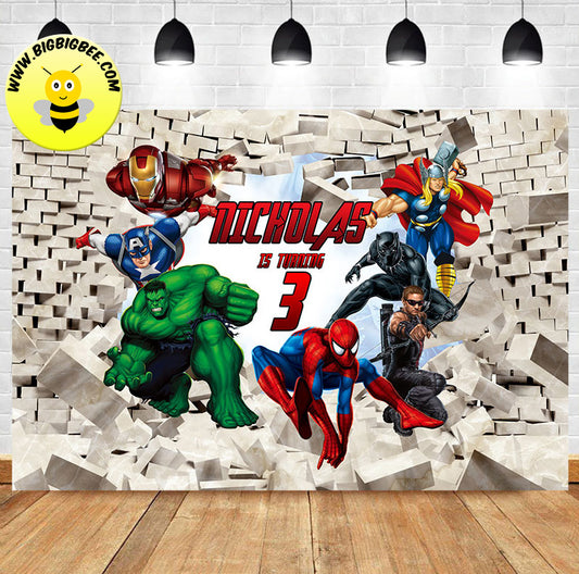 Custom Marvel Avengers Ironman Spiderman Brick Wall Birthday Backdrop Banner Deliver to USA UK Australia Canada
