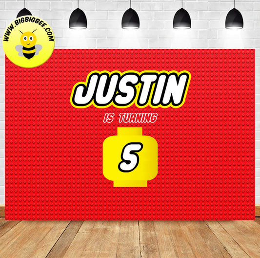 Custom Lego Red Brick Yellow Man Theme Birthday Backdrop Banner Deliver to USA UK Australia Canada