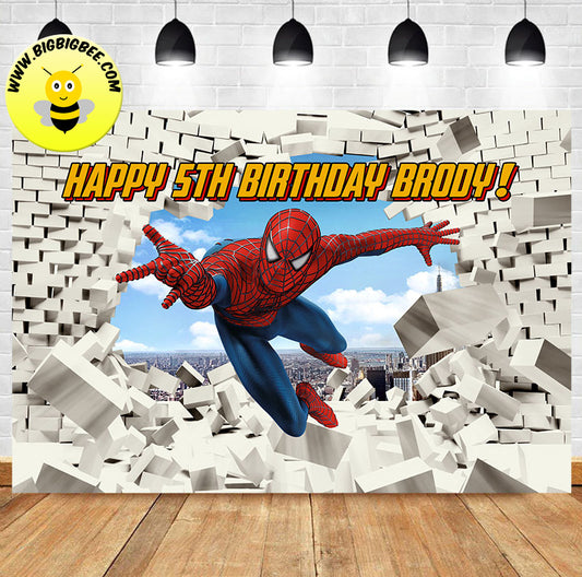 Custom Spiderman Breaks the Brick Wall Theme Birthday Backdrop Banner