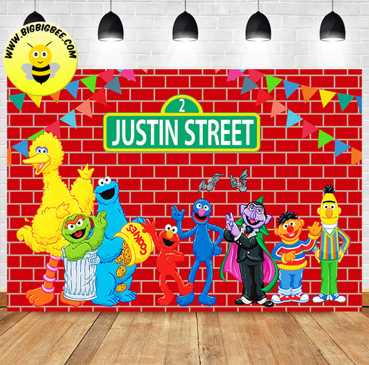 Custom Sesame Street Elmo and Friends Red Brick Wall Birthday Backdrop Banner