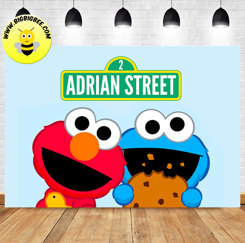 Custom Sesame Street Elmo Cookie Monster Blue Theme Birthday Backdrop Banner