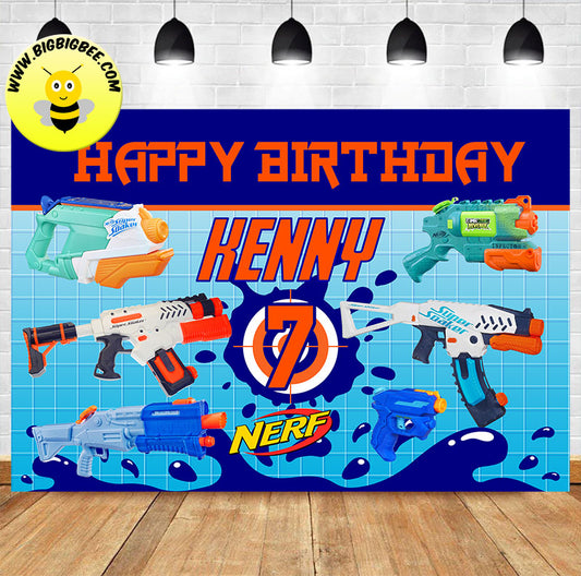 Custom Nerf Blaster Water Gun Blue Theme Birthday Backdrop Banner