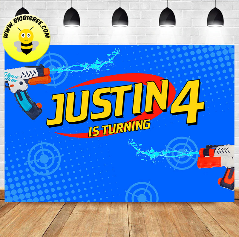 Custom Nerf Blaster Water Gun Blue Color Theme Birthday Backdrop Banner