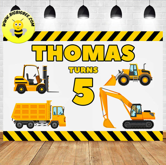 Custom Excavator Dump Truck Front Loader Forklift Birthday Backdrop Banner