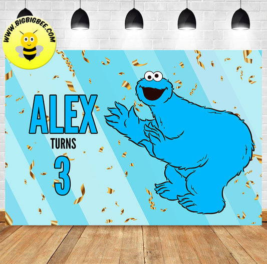 Custom Sesame Street Monster Cookies Blue Theme Birthday Banner Backdrop