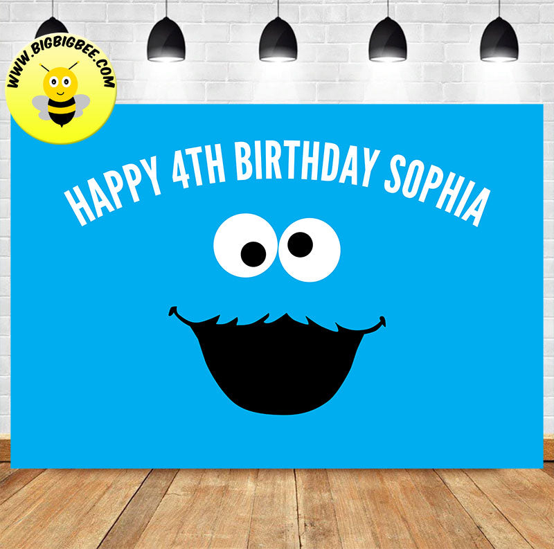 Custom Sesame Street Monster Cookies Logo Blue Theme Birthday Banner Backdrop