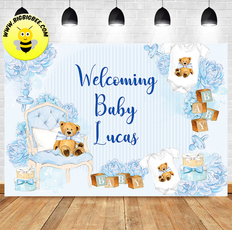 Custom Teddy Bear Blue Color Theme Welcome Baby Shower Backdrop Banner