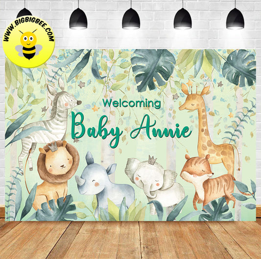 Custom Forest Jungle Animals Pastel Watercolor Welcoming Baby Backdrop Banner Deliver to USA UK Australia Canada