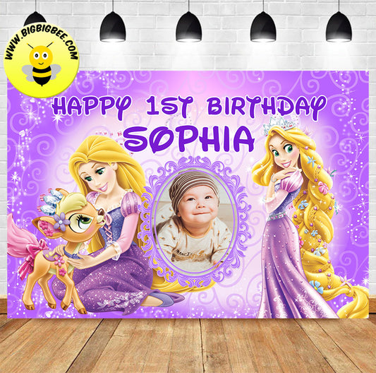Custom Princess Rapunzel Purple Theme with Picture Birthday Backdrop Banner
