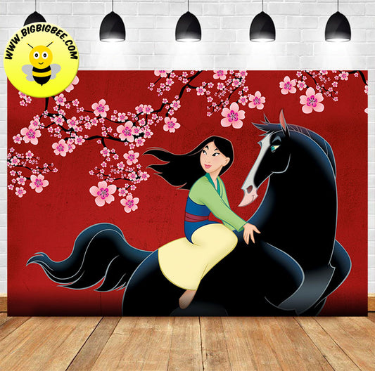 Custom Disney Mulan on Black Horse Birthday Backdrop Banner