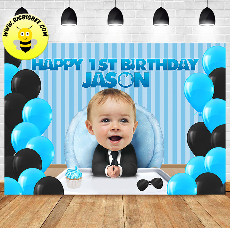 Custom Boss Baby with Baby Picture First ONE Birthday Backdrop Banner