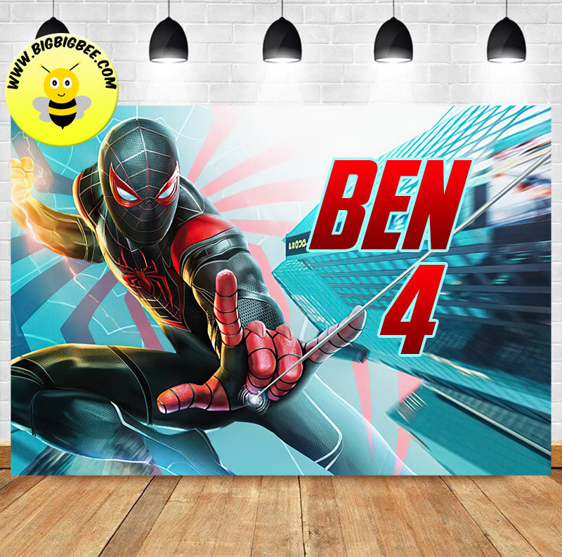 Custom Miles Morales Spiderman Theme Birthday Backdrop Banner Deliver to USA UK Australia Canada