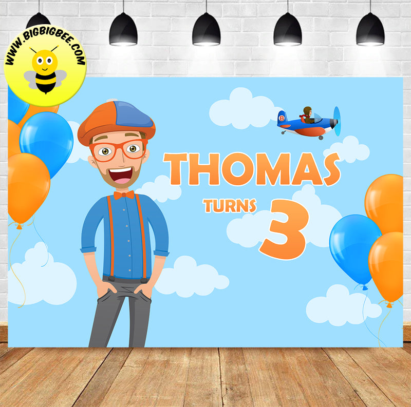 Custom Blippi Blue Sky Sea Plane Theme Orange Blue Balloon Birthday Backdrop