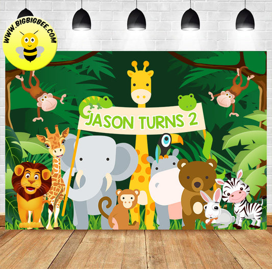 Custom Safari Animal Elephant Giraffe Lion  Bear Theme Birthday Banner Backdrop