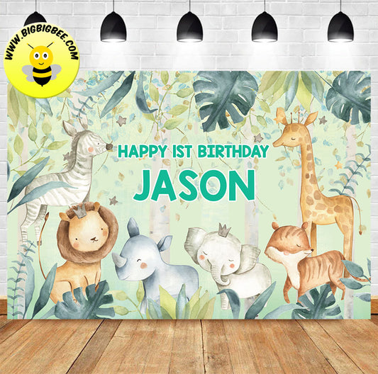 Custom Watercolor Pastel Color Animals Safari Theme Birthday Backdrop Banner