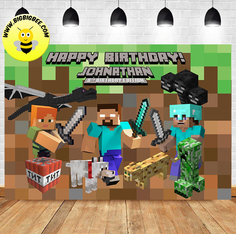 Custom Minecraft Game Steve Ender Dargon Herobrine Birthday Backdrop Banner Deliver to USA UK Australia Canada