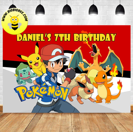 Custom Pokemon Pikachu Ash Ketchum Bulbasaur Pokeball Birthday Banner Backdrop