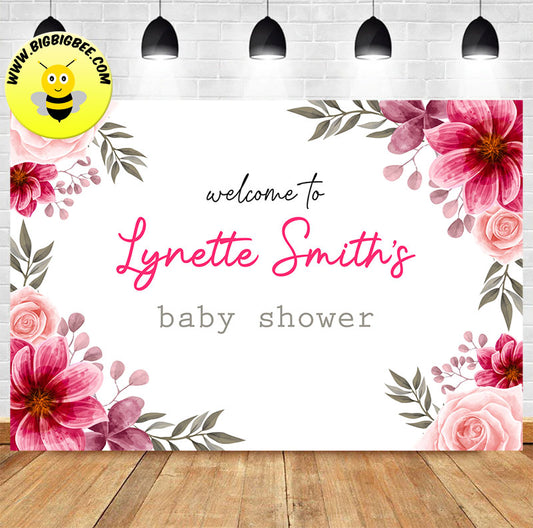 Custom Baby Shower Pink Flowers Floral Theme Backdrop Banner Deliver to USA UK Australia Canada