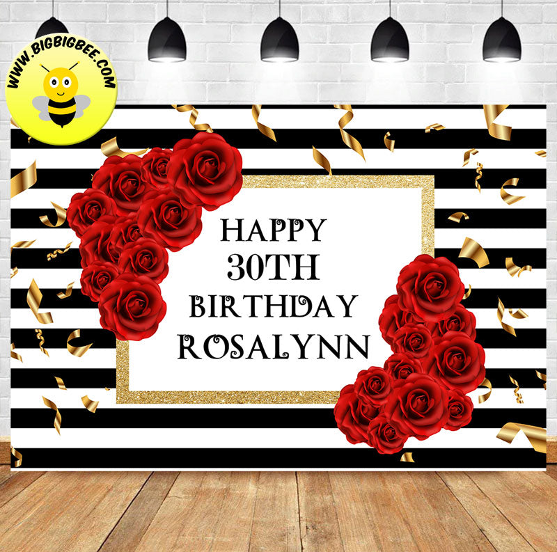 Custom Red Rose Black White Stripe Gold Confetti Birthday Backdrop Banner