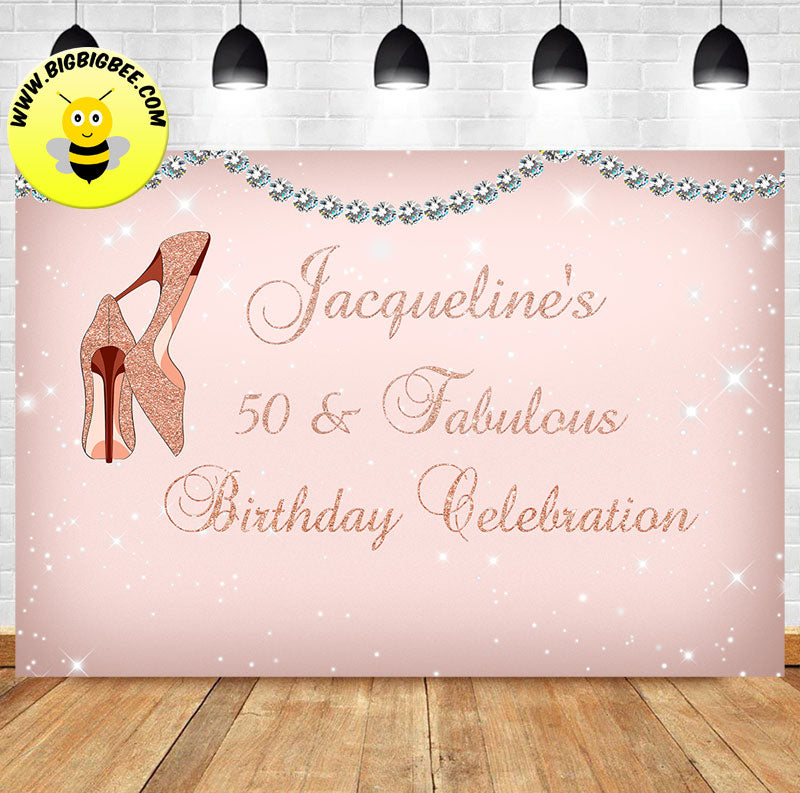 Custom Sparkly Gold High Heels Fabulous 40 50 60 Theme Birthday Banner Backdrop