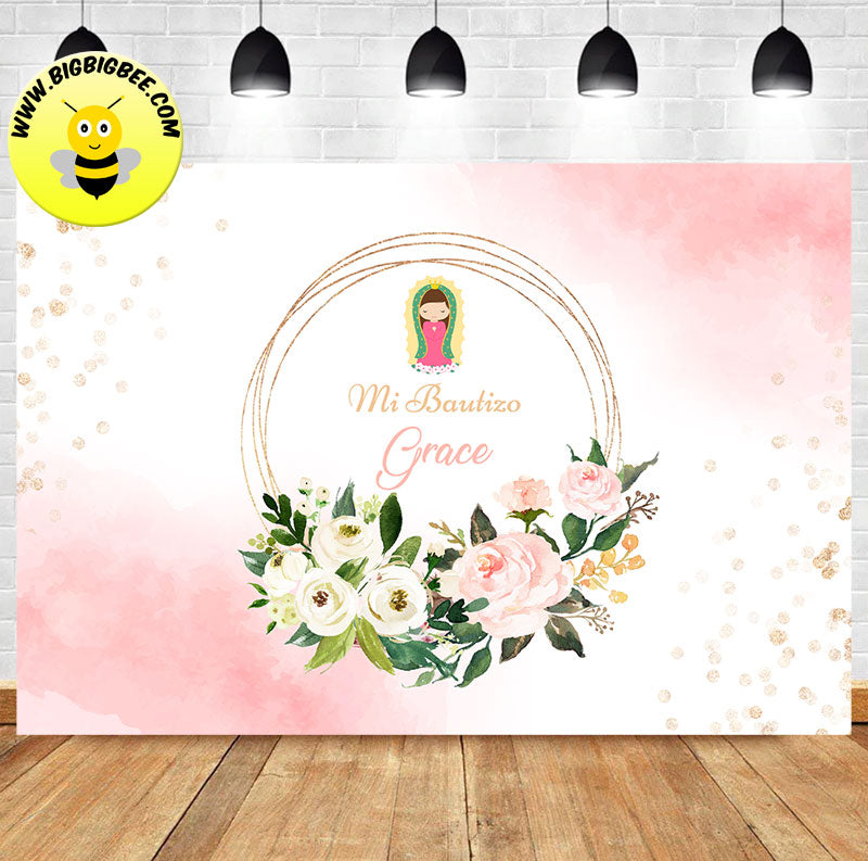 Custom Mi Bautizo Pink Floral Theme Banner Backdrop Deliver to USA UK Australia Canada