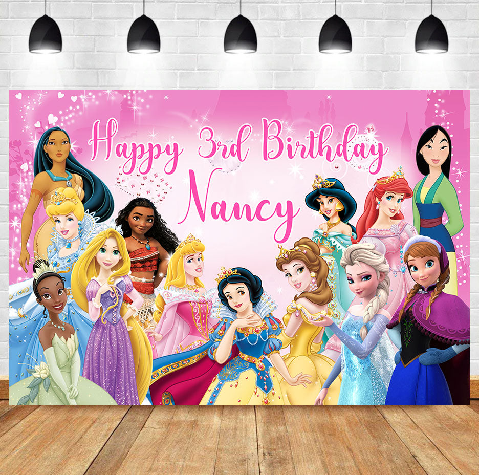 Custom Disney Princesses Pink Theme Birthday Backdrop Banner Deliver to USA UK Australia Canada