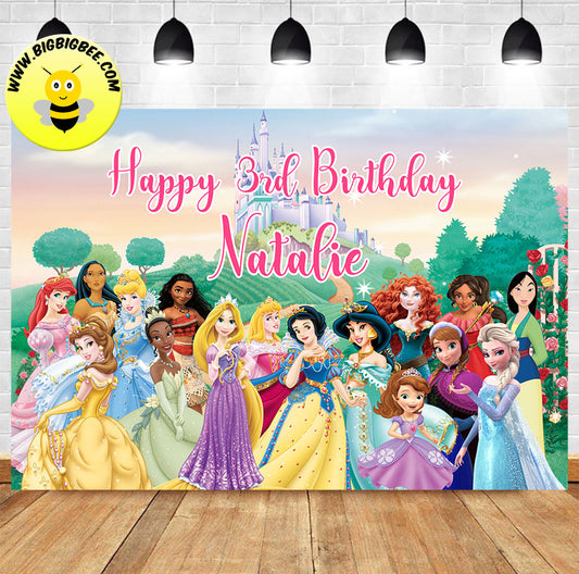 Custom Personalised Disney Princesses Castle Theme Birthday Backdrop Banner Deliver to USA UK Australia Canada