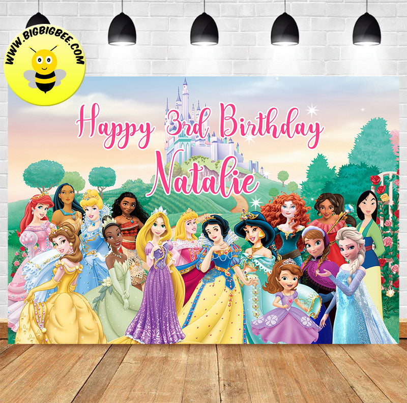 Custom Personalised Disney Princesses Castle Theme Birthday Backdrop Banner Deliver to USA UK Australia Canada