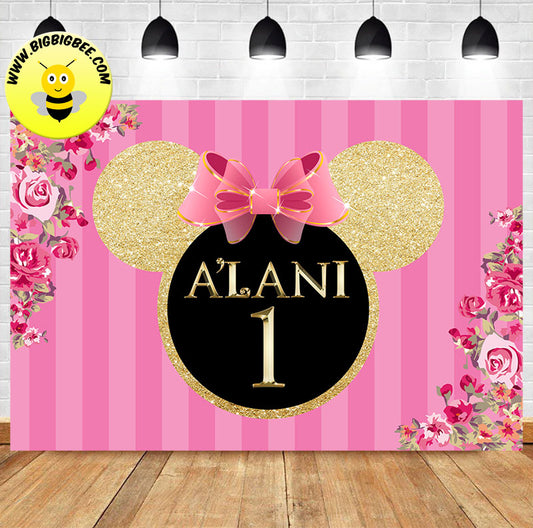 Custom Minnie Mouse Head Glitter Gold Pink Floral Birthday Backdrop Banner Deliver to USA UK Australia Canada