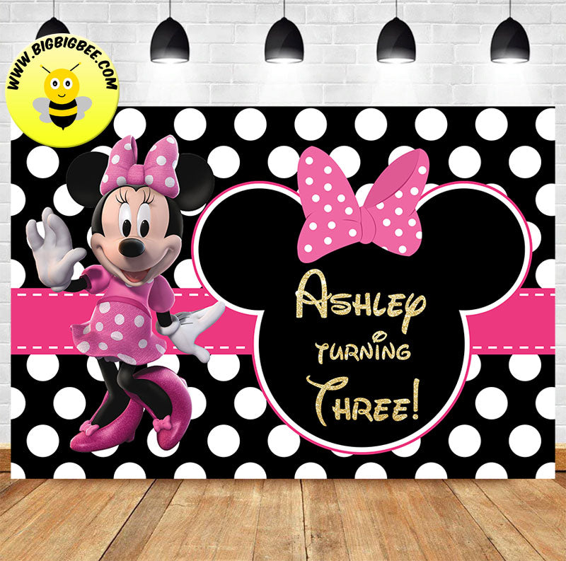 Custom Pink Minnie Mouse Black White Polka Theme Birthday Backdrop Banner Deliver to USA UK Australia Canada