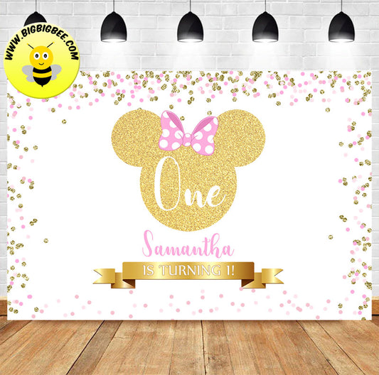 Custom Minnie Mouse White Gold Theme Birthday Backdrop Banner