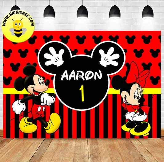 Custom Mickey Minnie Mouse Black Red Theme ONE FIRST Birthday Banner Backdrop