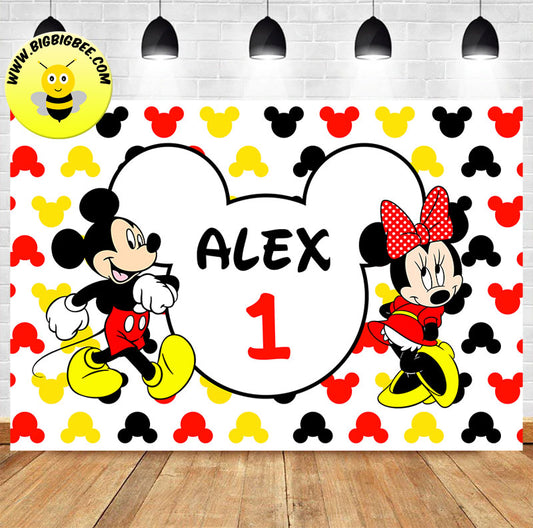 Custom Mickey Minnie Mouse Yellow Red White Theme Birthday Banner Backdrop