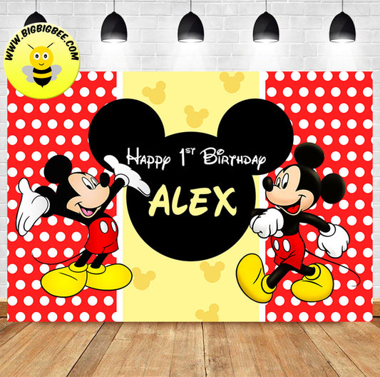 Custom Mickey Minnie Mouse Polka Dot Red Yellow Theme Birthday Banner Backdrop Deliver to USA UK Australia Canada