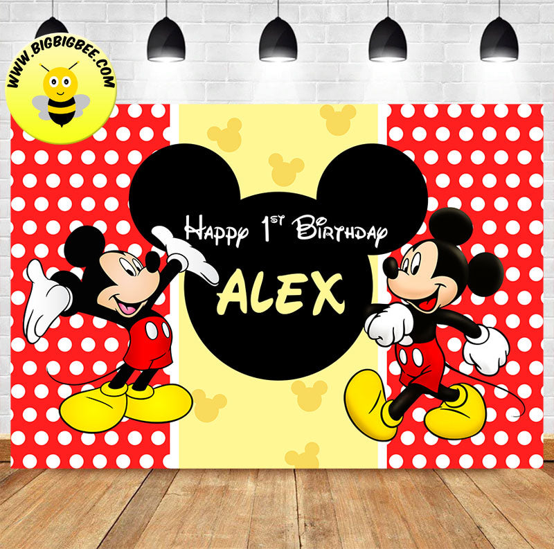 Custom Mickey Minnie Mouse Polka Dot Red Yellow Theme Birthday Banner Backdrop Deliver to USA UK Australia Canada