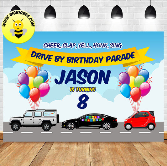 Custom Quarantine Car Parade Blue Theme Birthday Backdrop Banner