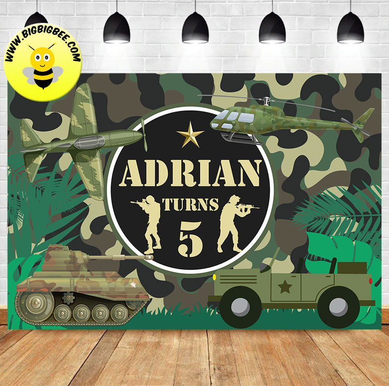 Custom Camouflage Military Army Tank Solider Theme Birthday Backdrop Banner