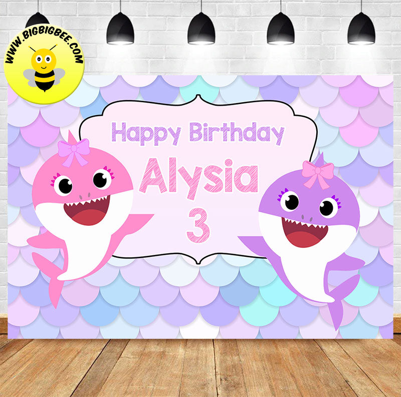 Custom Pinkfong Baby Shark Pink Purple Pastel Color Birthday Backdrop Banner