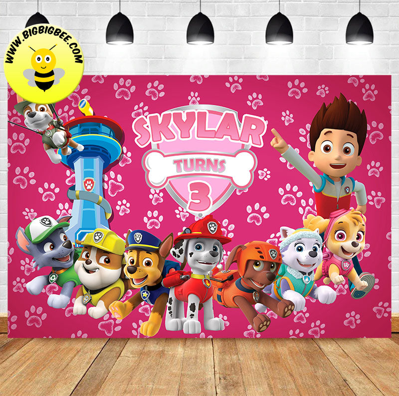 Custom Paw Patrol Skye Everest Marshall Pink Theme Birthday Backdrop