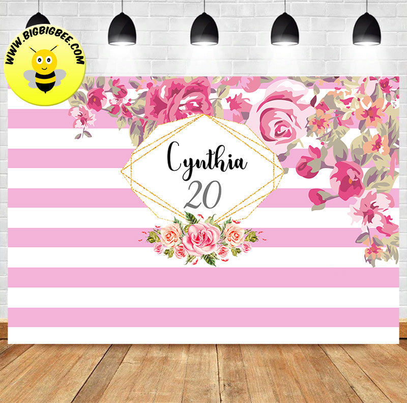 Custom Rose Flowers White Pink Stripes Theme Birthday Backdrop Banner