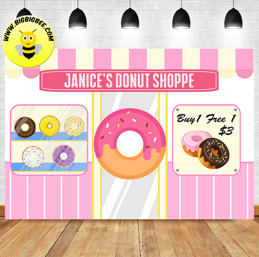 Custom Donut Doughnut Shoppe Pink Shop Theme Birthday Backdrop Banner Deliver to USA UK Australia Canada