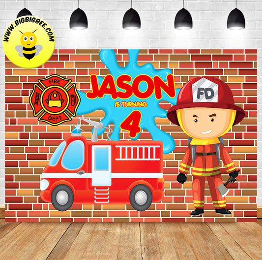 Custom Fireman Firefighter Fire Truck Theme Birthday Backdrop Banner Deliver to USA UK Australia Canada