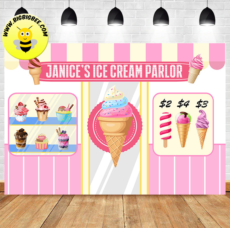 Custom Ice Cream Pink Parlour Shop Theme Birthday Backdrop Banner Deliver to USA UK Australia Canada